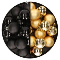 32x stuks kunststof kerstballen mix van zwart en goud 4 cm - Kerstbal - thumbnail