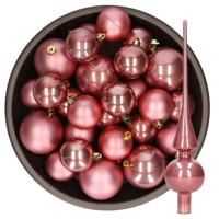 Kerstversiering kunststof kerstballen met piek oud roze 6-8-10 cm pakket van 45x stuks - Kerstbal - thumbnail