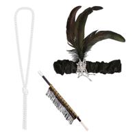 Carnaval verkleed accessoire set - sigarettenhouder/parelketting/hoofdband - charleston/jaren 20