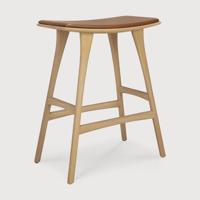 Ethnicraft Barkruk 'Osso' Gevernist Eikenhout en Leder, kleur Naturel/Cognac (zithoogte 67cm)