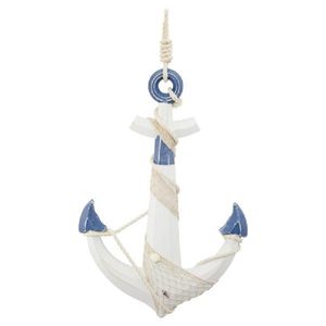 Groot houten anker beeld wit met blauw 59 x 39 cm maritieme hangdecoratie