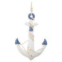 Groot houten anker beeld wit met blauw 59 x 39 cm maritieme hangdecoratie