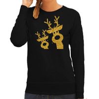 Foute kersttrui/sweater voor dames - gouden rendieren - zwart - glitter goud - rendier