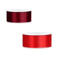 Bellatio decorations 2x rollen satijn cadeaulint/sierlint - 2.5 cm x 25 meter - 2 tinten rood