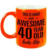 Awesome 40 year cadeau mok / beker neon oranje 330 ml - thumbnail