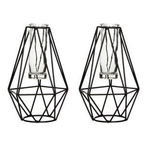 2x stuks zwarte metalen diamant draad vaasjes met glas 11 x 10 x 17 cm