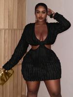 Plus Size Black Cut Out Bodycon Dress | Plunging V Neck Mini Black / 4XL