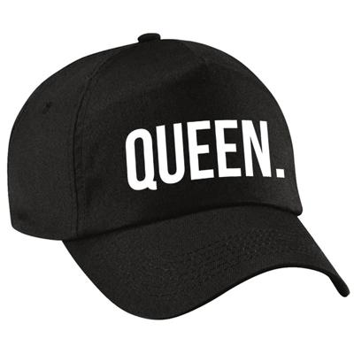 Queen tekst petje - baseball cap - zwart - witte bedrukking - voor dames - Koningsdag