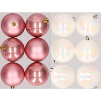 12x stuks kunststof kerstballen mix van oudroze en parelmoer wit 8 cm - thumbnail
