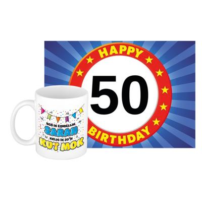 Verjaardag cadeau koffiemok 50 jaar - vrouw - kut mok - met A5 formaat wenskaart