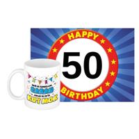 Verjaardag cadeau koffiemok 50 jaar - vrouw - kut mok - met A5 formaat wenskaart