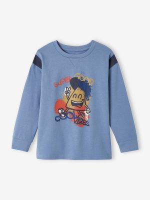 T-shirt met mascotte graffitimotief jongens chambrayblauw