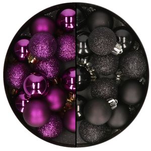 Kleine kerstballen - 28x st - zwart en paars - 3 cm - kunststof