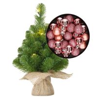 Mini kerstboom/kunstboom met verlichting 45 cm en inclusief kerstballen roze
