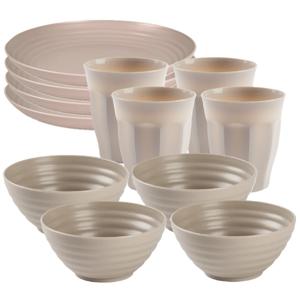 Camping Servies set - kunststof - beige - 4x borden/4x drinkbekers/4x kommetjes