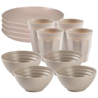 Camping Servies set - kunststof - beige - 4x borden/4x drinkbekers/4x kommetjes - thumbnail