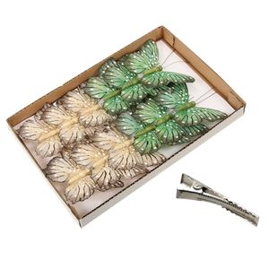 Decoratie vlinders op clip - 12x - groen met beige - 11 cm