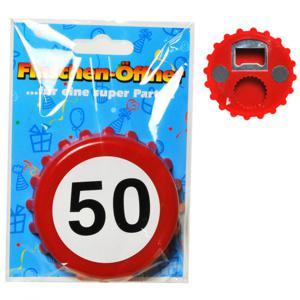 50 jaar verjaardag flessenopener - Diepdop opener - Verkeersbord - kunststof - dia 8 cm