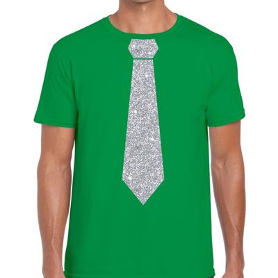 Carnaval verkleed t-shirt - met zilveren glitter stropdas - groen - voor heren - disco - glamour