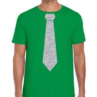 Carnaval verkleed t-shirt - met zilveren glitter stropdas - groen - voor heren - disco - glamour