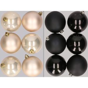 12x stuks kunststof kerstballen mix van champagne en zwart 8 cm   -