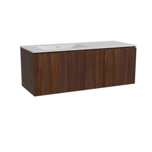 Storke Ribs zwevend badmeubel 130 x 52 cm notenhout met Mata asymmetrisch linkse wastafel in solid surface mat wit, Verticale symmetrische rechte ribbel