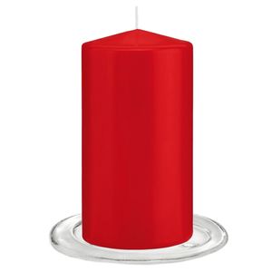 Trend Candles - Stompkaarsen met glazen onderzetters set van 2x stuks - helder rood 8 x 15 cm