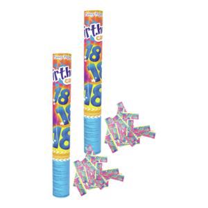 Party popper/confetti shooter - 2x - verjaardag 18 jaar - papier - multi kleuren - 40 cm