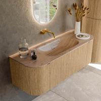 Badmeubel Mondiaz Kurve-Dlux | 130 cm | Meubelkleur Oak | Wastafelkleur Arena | Solid surface | Wasbak midden spoelbak | Zonder kraangat(en)