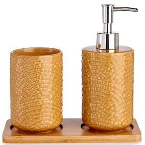 Badkamer accessoires set 3-delig camel bruin relief van keramiek