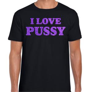 Foute party t-shirt heren - I love Pussy - zwart - glitter paars - carnaval/themafeest