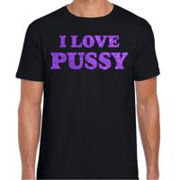 Foute party t-shirt heren - I love Pussy - zwart - glitter paars - carnaval/themafeest - thumbnail