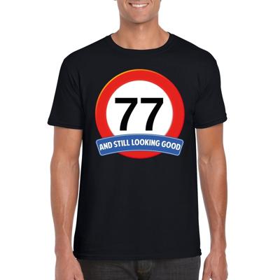 77 jaar and still looking good - t-shirt verkeersbord print - zwart - heren - verjaardag