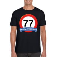 77 jaar and still looking good - t-shirt verkeersbord print - zwart - heren - verjaardag