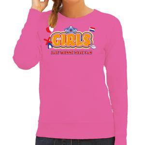 Koningsdag sweater voor dames - girls just wanna have fun - roze - oranje feestkleding