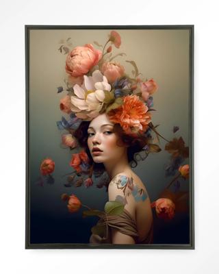 Urban Cotton Wandkleed 'Vintage Flower Girl' 145 x 190cm in Floating Frame - black
