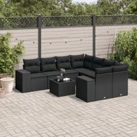 9-delige Loungeset met kussens poly rattan zwart