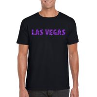 Zwart Las Vegas t-shirt met paarse glitter letters heren - thumbnail