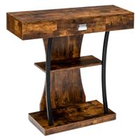 T-vormige Consoletafel met Laden en Metalen Frame en 2 Planken Gangtafel Industrieel Bijzettafel Rustiek Bruin