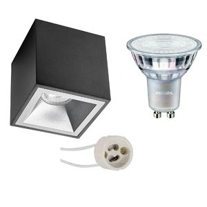 Opbouwspot Set - Pragmi Cliron Pro - GU10 Fitting - Opbouw Vierkant - Mat Zwart/Zilver - Verdiept - 90mm - Philips - MASTER 927 36D VLE - 4.9W - Warm Wit 2200K-2700K - DimTone Dimbaar