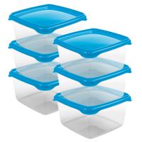 Vershoudbakjes Hega - set van 6x stuks - 1.3 liter - transparant/blauw - L16 x B16 x H11 cm