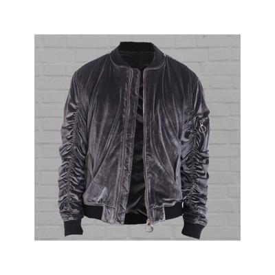Men's Black Velour Bomber Jacket - Ruched Sleeve Streetwear Silver / S