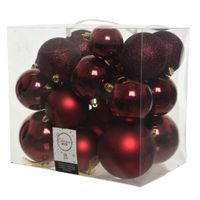 26x stuks kunststof kerstballen donkerrood (oxblood) 6-8-10 cm