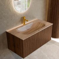 Badmeubel Mondiaz Kurve-Dlux | 90 cm | Meubelkleur Walnut | Wastafelkleur Arena | Solid surface | Wasbak midden spoelbak | 1 kraangat