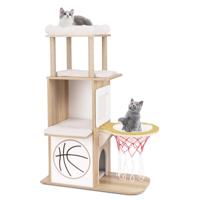 120 cm Houten Kattenboom met Sportthema 2 Niveaus 2 Zitstokken Hangmat Basketbalhoepel Jute Krabpalen Gevoerde Kussens