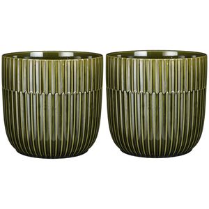 2x Stuks Plantenpot/bloempot keramiek glans donkergroen stripes patroon - D19/H18 cm