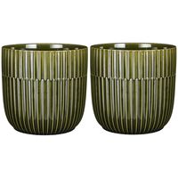 2x Stuks Plantenpot/bloempot keramiek glans donkergroen stripes patroon - D19/H18 cm - thumbnail