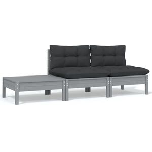 3-delige Loungeset met kussens massief grenenhout grijs