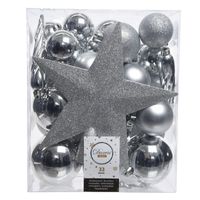 33x Zilveren kerstballen met ster piek 5-6-8 cm kunststof mix - thumbnail