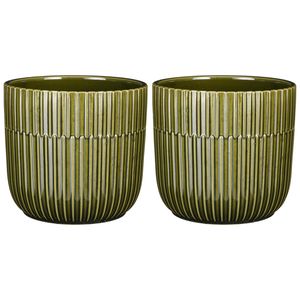 2x Stuks Plantenpot/bloempot keramiek glans donkergroen stripes patroon - D17.5/H16 cm